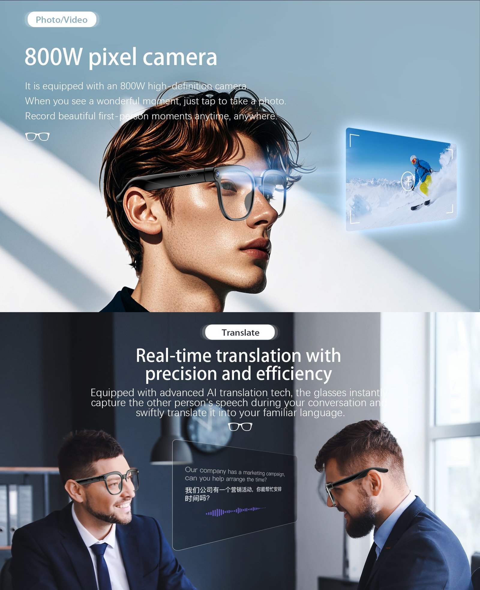 M02S White AI Smart Glasses โ Lightweight TR90 Frame, Built-in 8MP with Camera, Bluetooth 5.3, Hands-Free Calling & Music - Image 2