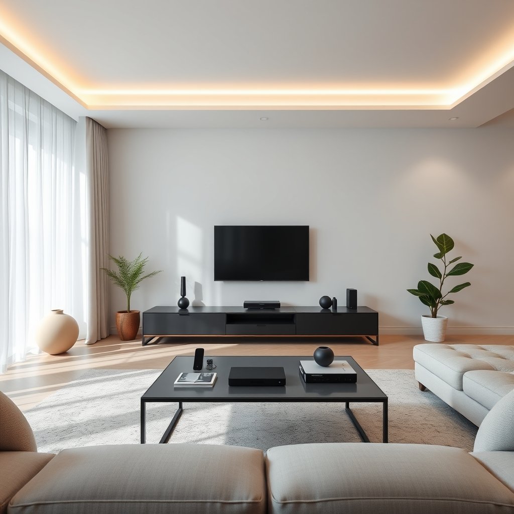 Modern living room setup featuring innovative home gadgets and smart lighting.